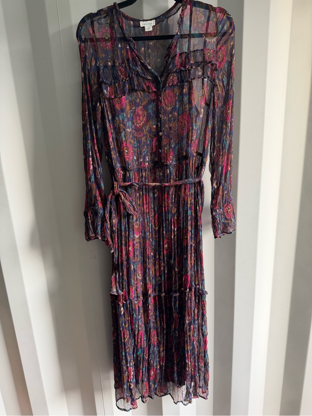 Sundance Floral Crinkle Chiffon Tiered Midi Dress Purple Medium